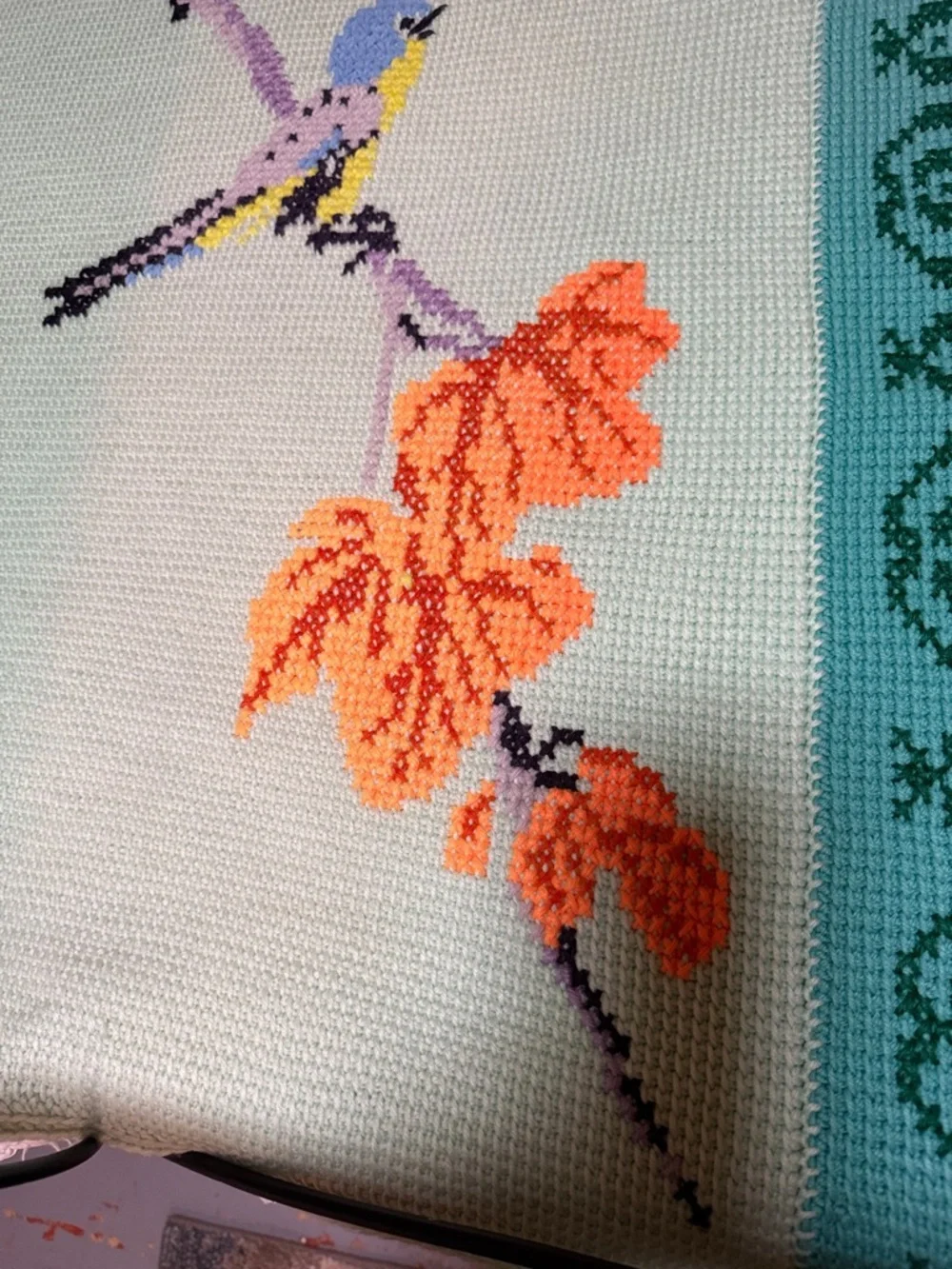 Vintage Large Bird Blanket - Handmade Needlepoint Songbird on Tree - Petit Point